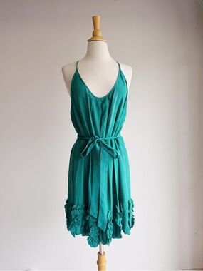 Charlie Jade 100% Silk Teal Ruffle Hem Dress Large Boho Slip Dress